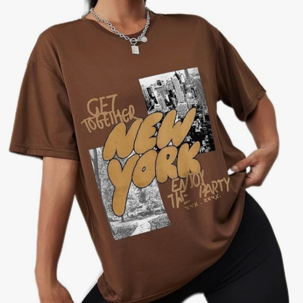 Shein • Women's Brown "New York" Print Short Sleeve Graphic T-Shirt